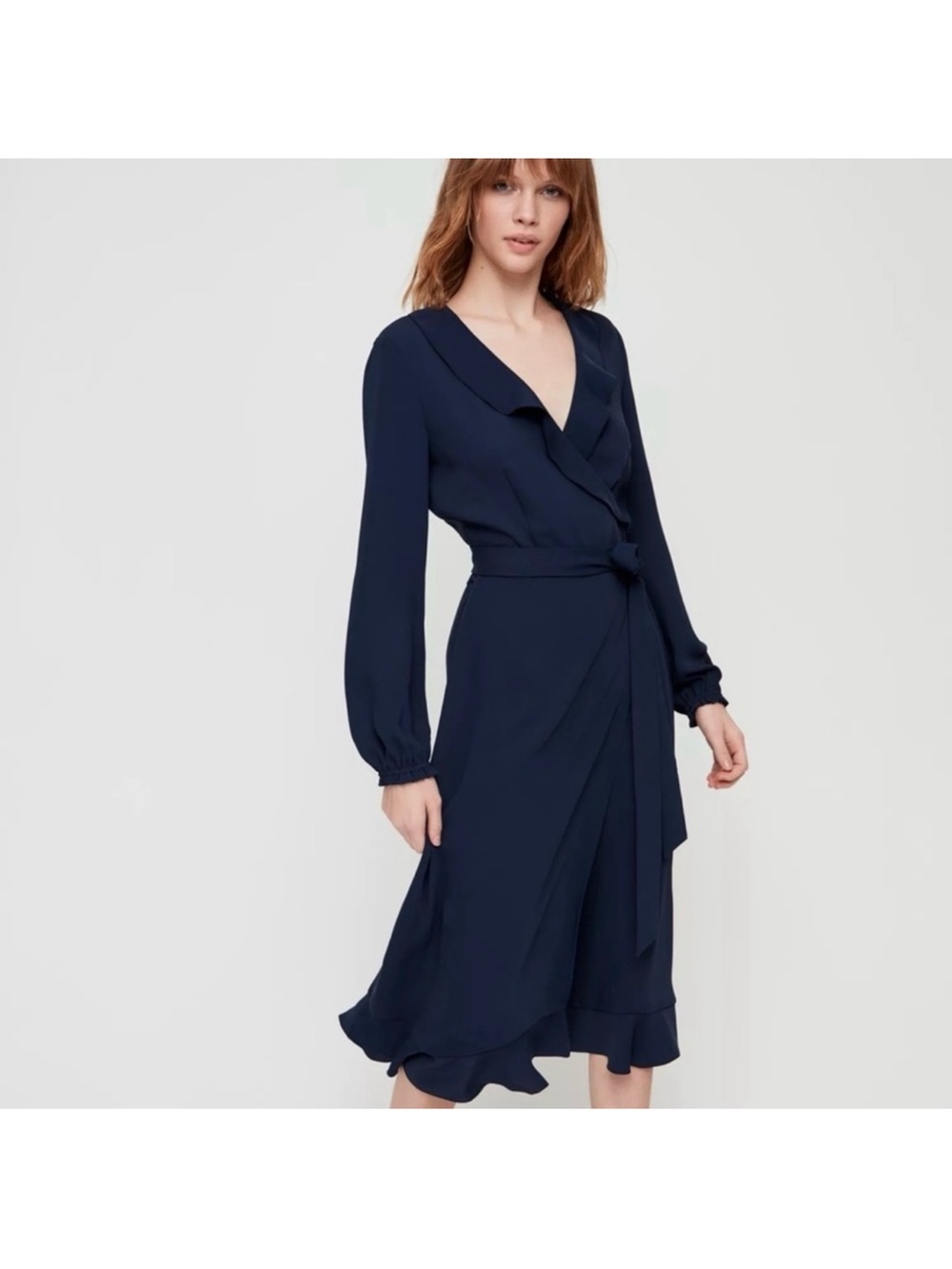 Aritzia littlemoon long-Sleeve Navy Wrap Midi Dress with Self-Tie Waist